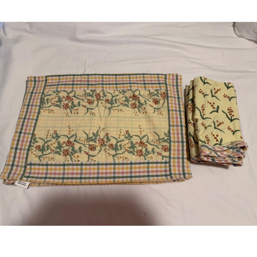 Victorian Heart Floral Plaid Quilted Placemats Napkins Set Yellow Cotton 8pc